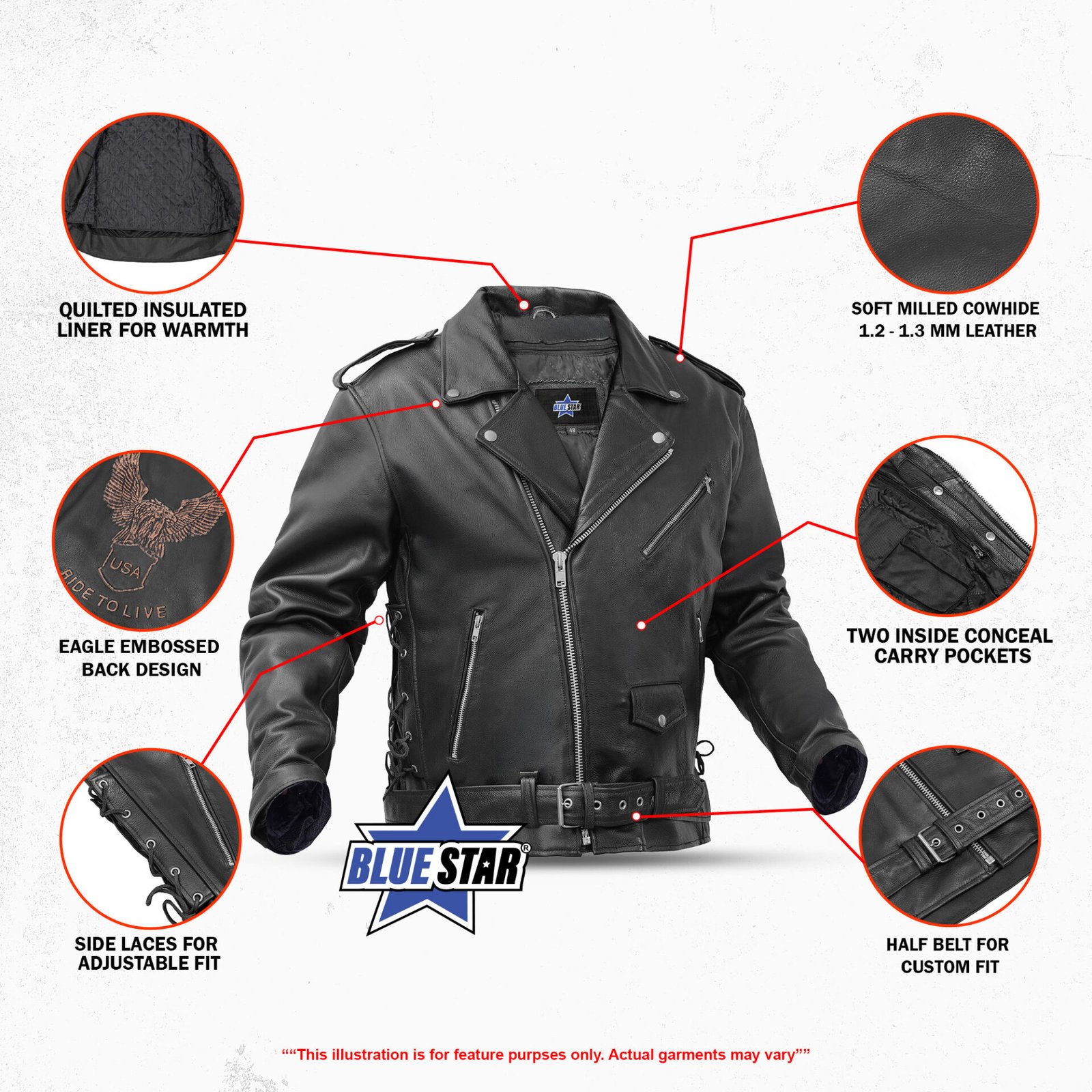 BSM1146 Men's Eagle Embossed Live To Ride - Ride To Live Classic Black Leather Mot - Image 2