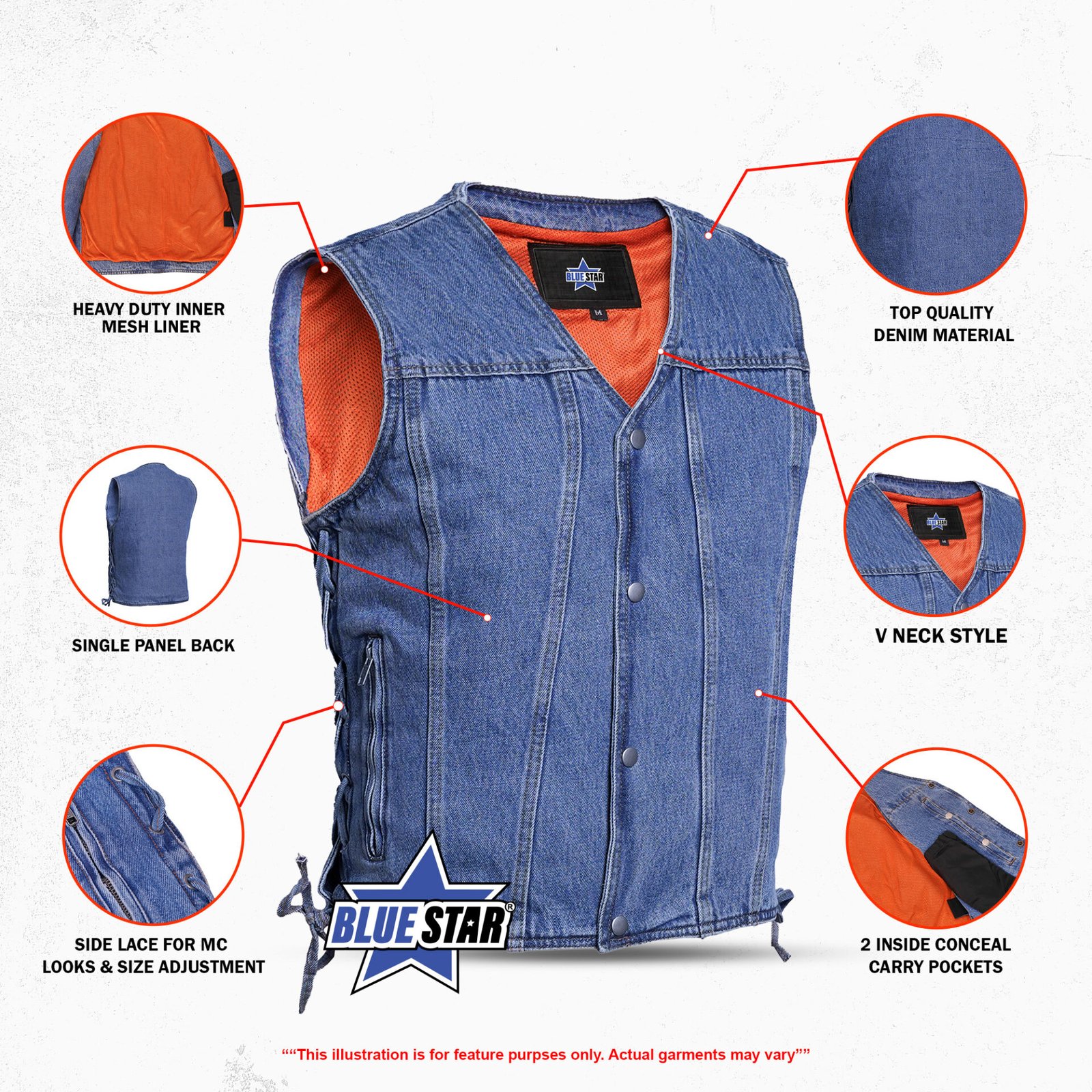 BSM1555 Men's Single Back Panel Concealed Carry Denim Vest - Image 2