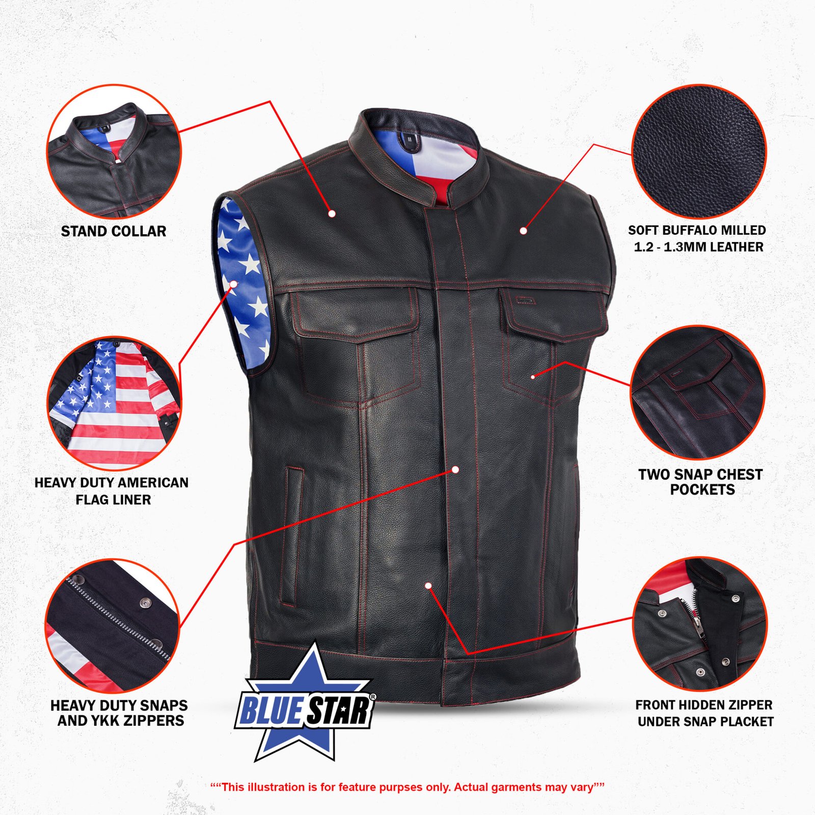 BSM1522 MEN'S LEATHER VEST WITH RED STITCHING AND USA INSIDE FLAG LININ - Image 2
