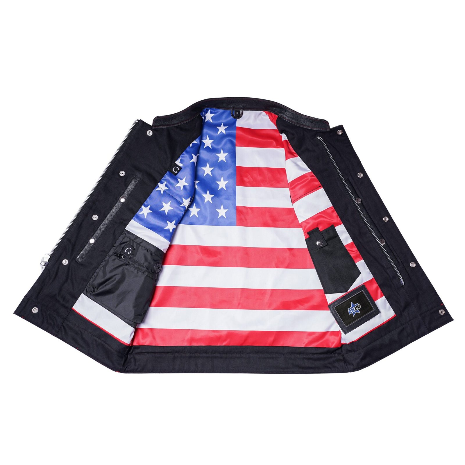 BSM1522 MEN'S LEATHER VEST WITH RED STITCHING AND USA INSIDE FLAG LININ - Image 4