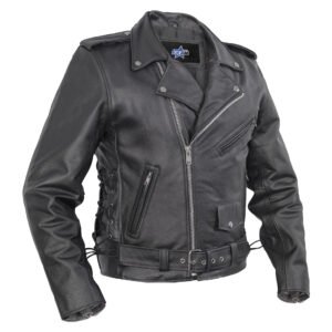 BSM1141 Economy Motorcycle Classic Biker Leather Jacket - Side Laces