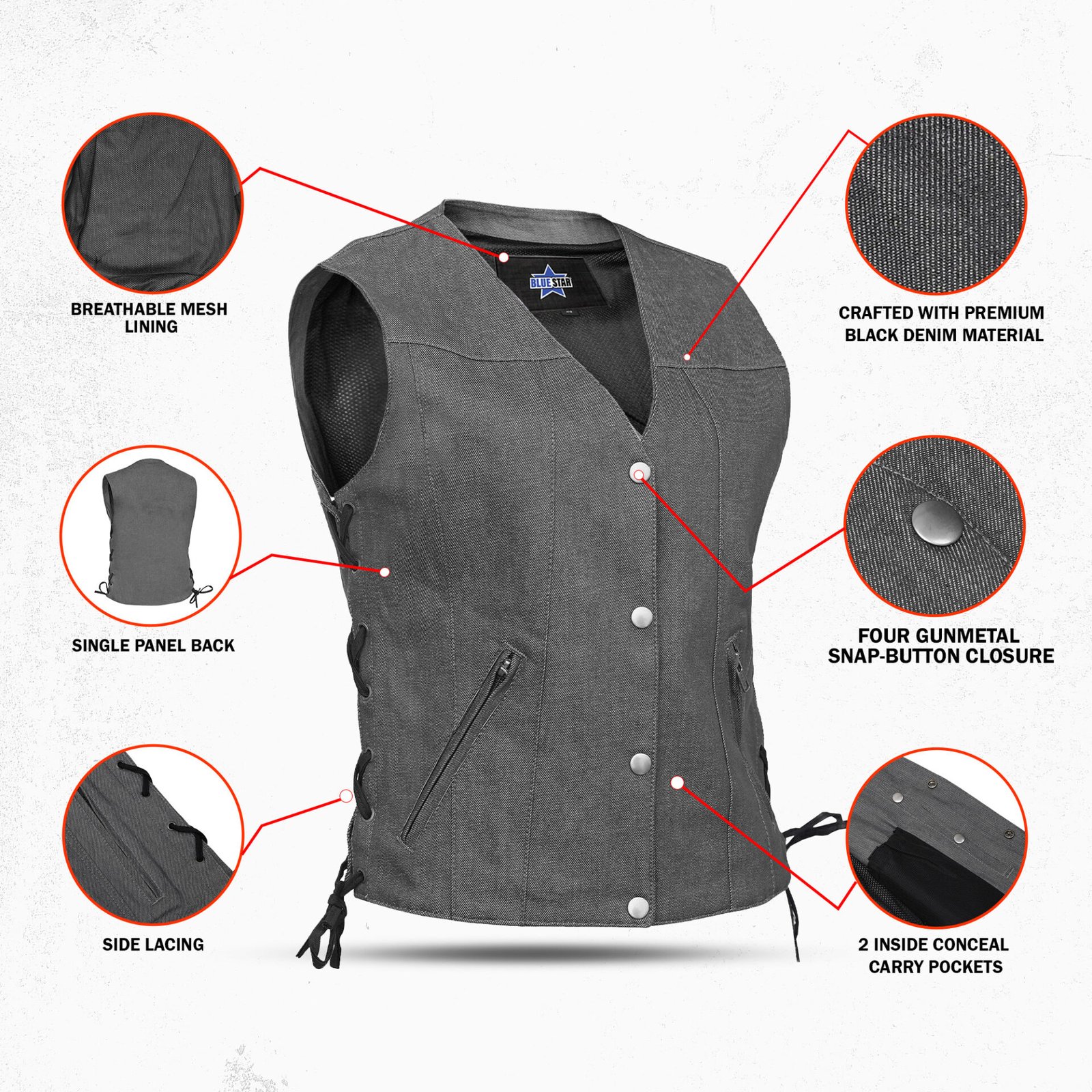 BSM2545 Women's Rough Rub-Off Raw Finish Broken Gray Denim Vest - Image 3