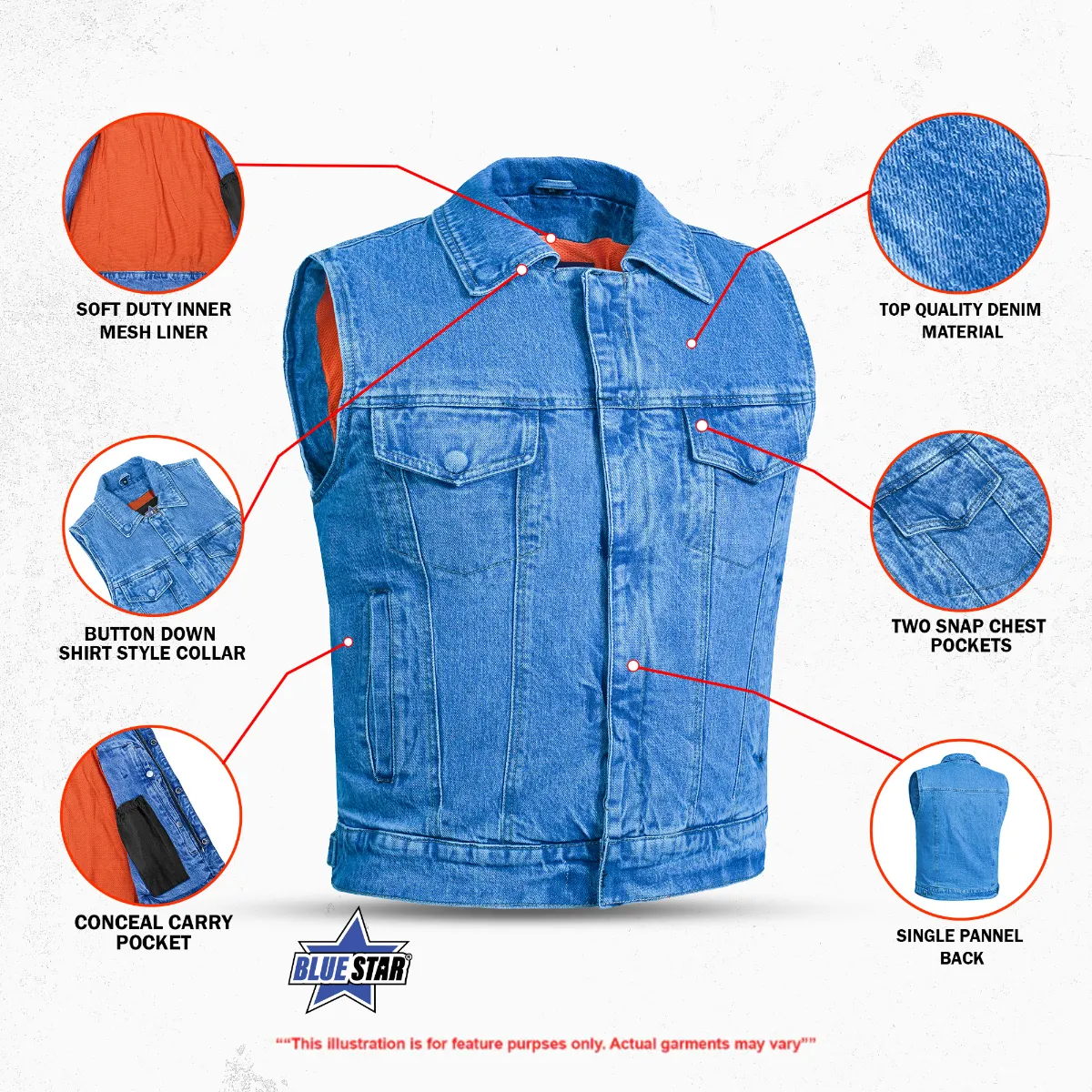 BSM1510 Snap/Zipper Front Denim Vest- Blue - Image 3