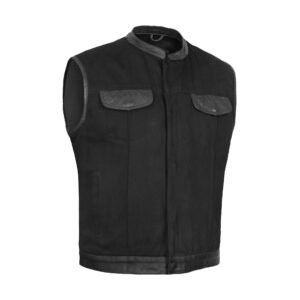 BSM1545 Men's Black Denim Single Panel Concealment Vest W/ Leather Trim