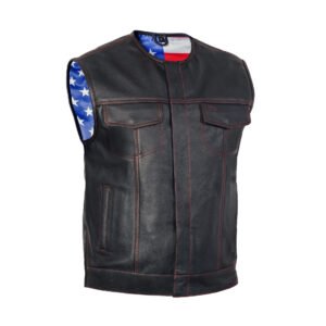 BSM1525 Men's Leather Vest with Red Stitching and USA Inside Flag Linin