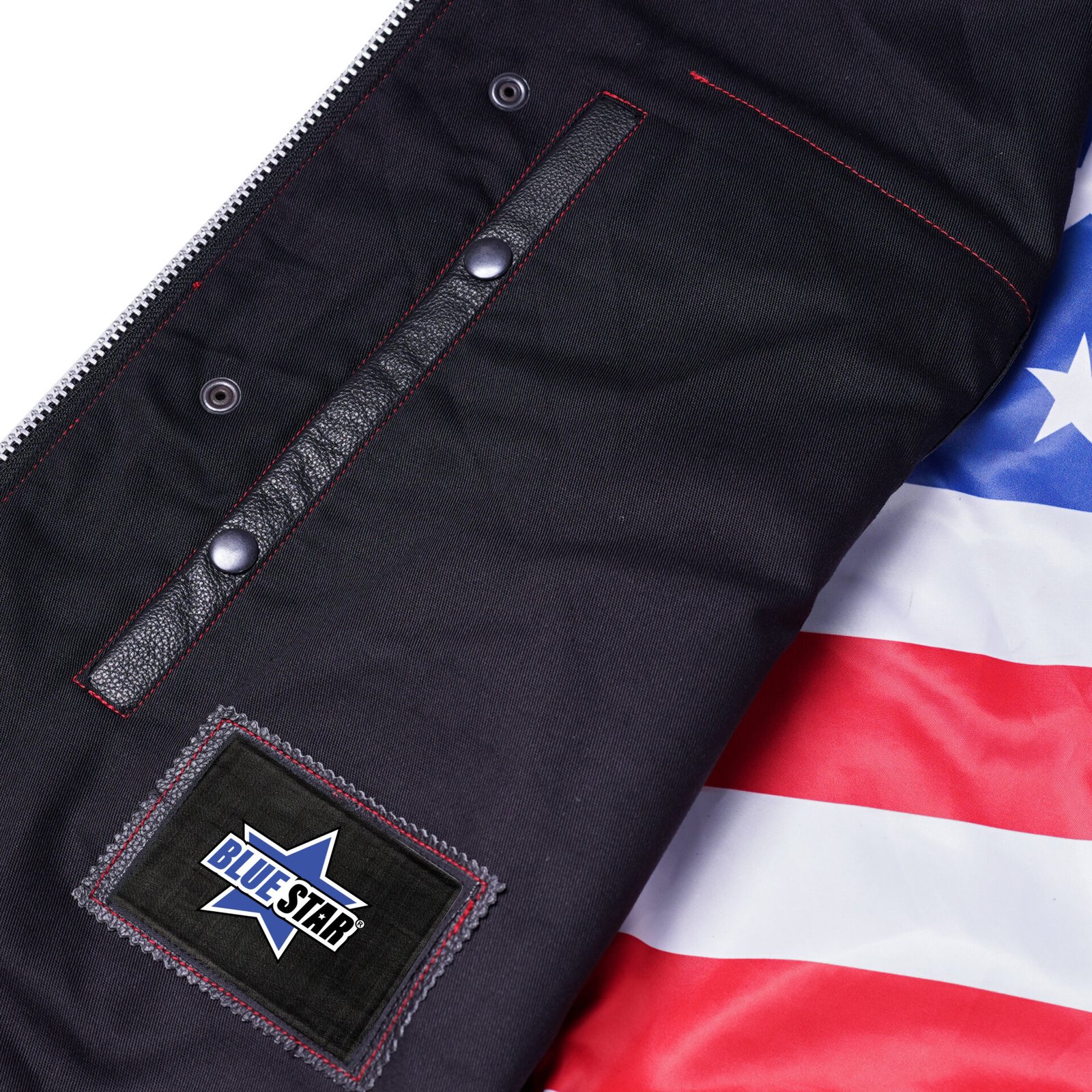 BSM1525 Men's Leather Vest with Red Stitching and USA Inside Flag Linin - Image 6