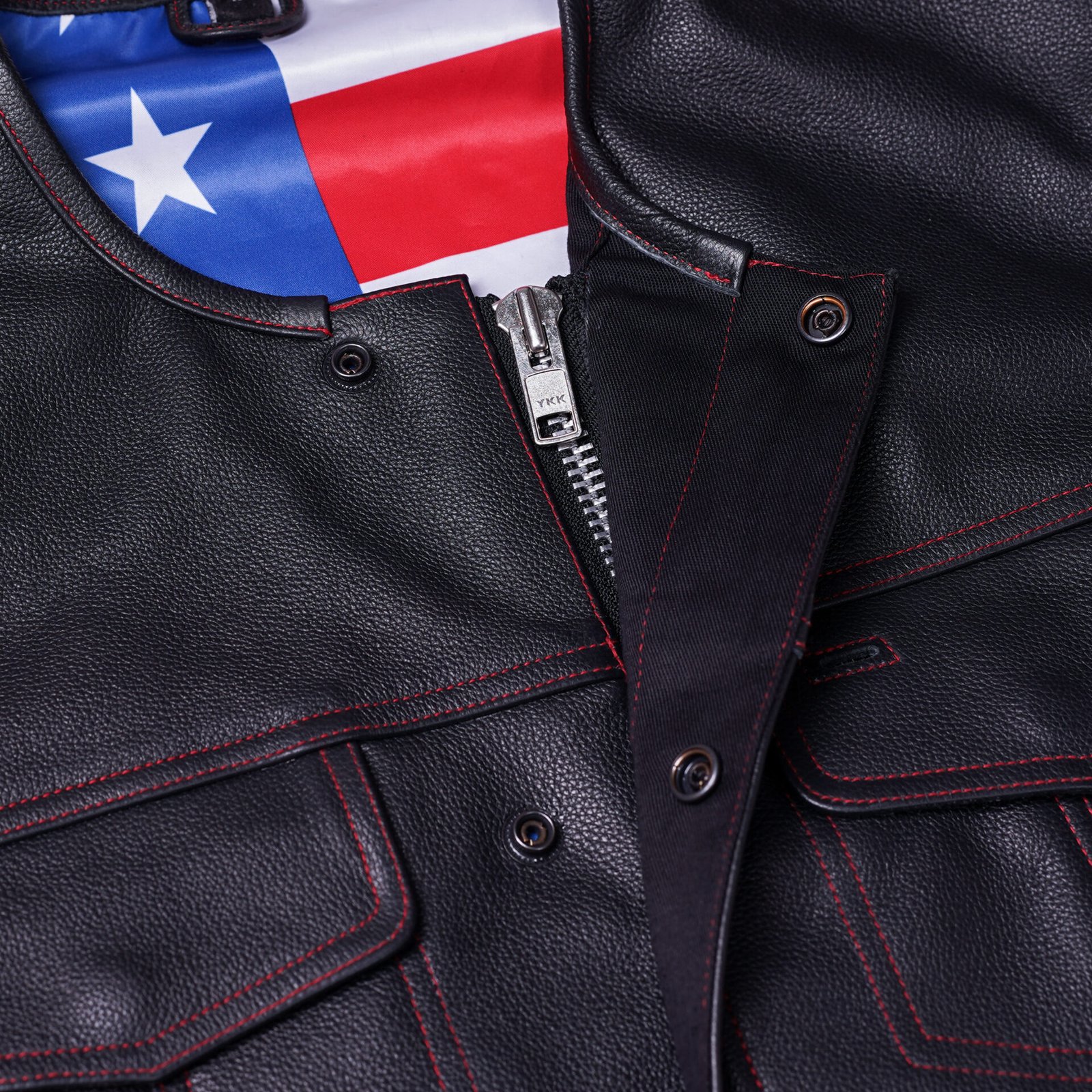 BSM1525 Men's Leather Vest with Red Stitching and USA Inside Flag Linin - Image 9