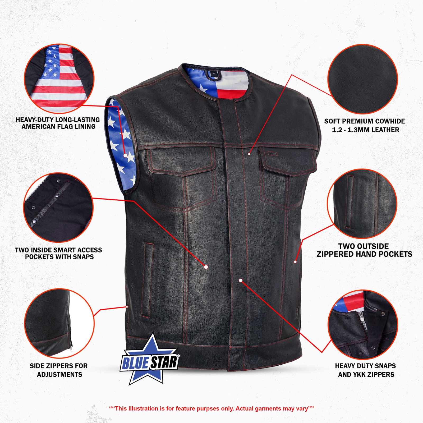 BSM1525 Men's Leather Vest with Red Stitching and USA Inside Flag Linin - Image 2
