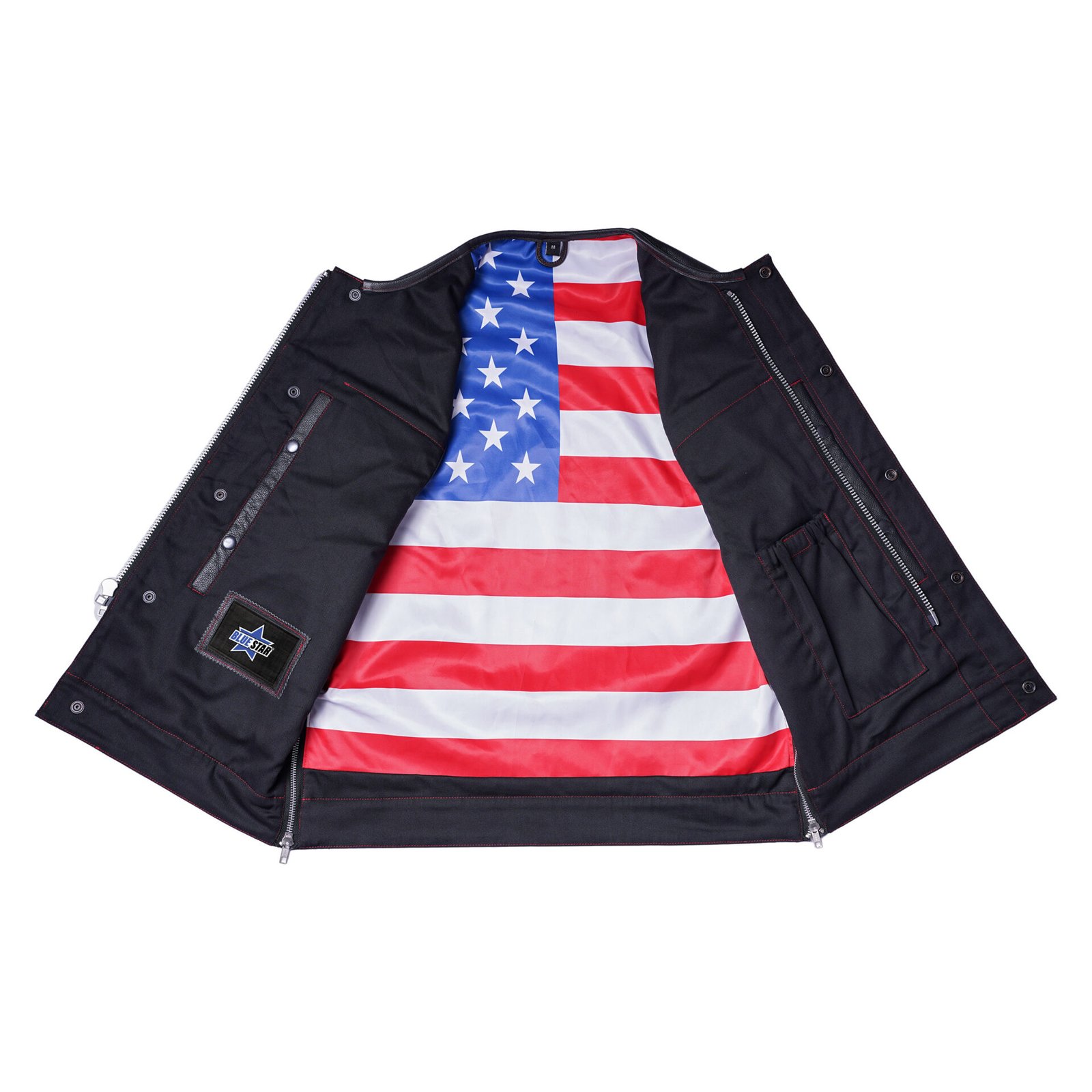 BSM1525 Men's Leather Vest with Red Stitching and USA Inside Flag Linin - Image 5