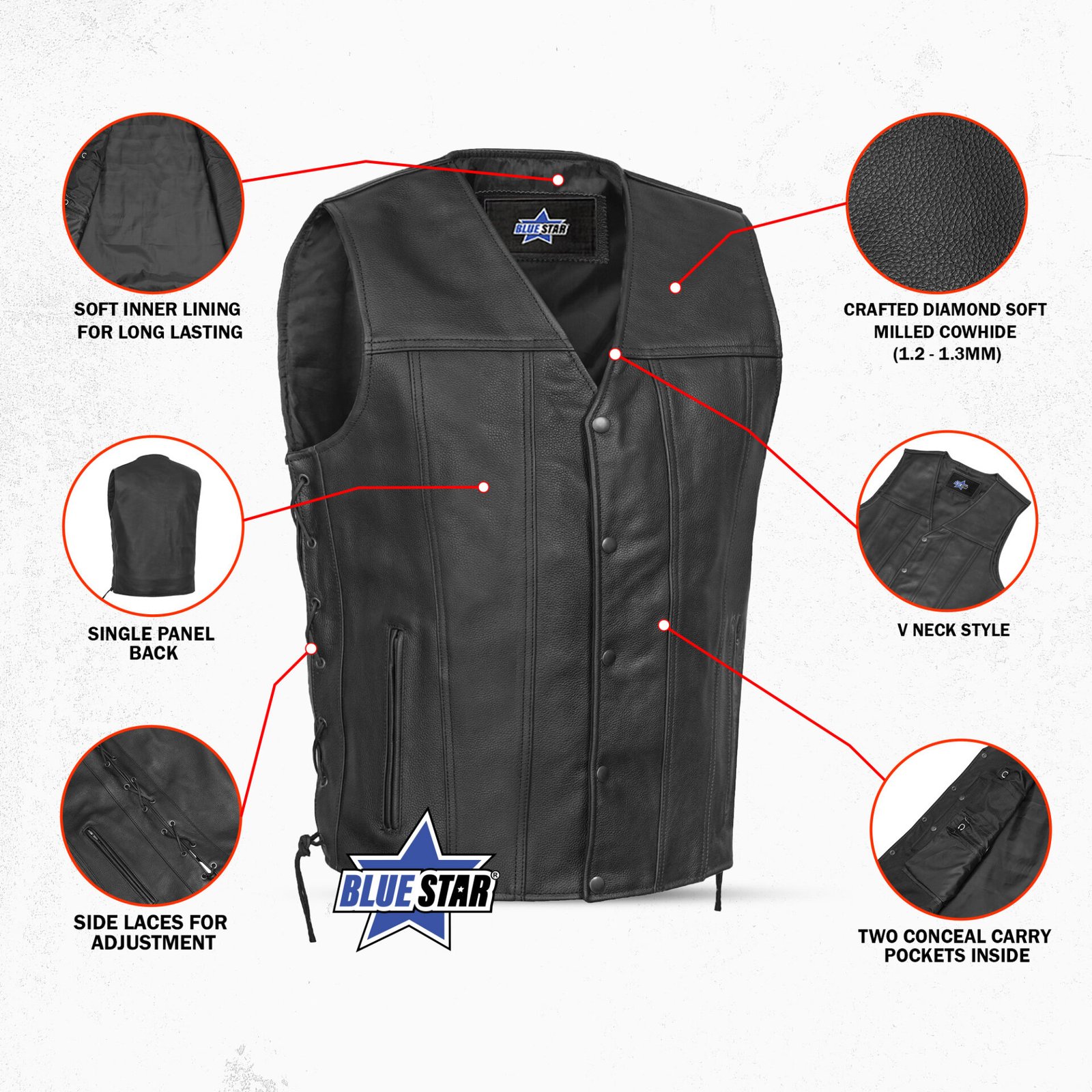 BSM1554 Men's Tall Classic Tapered Bottom Biker Leather Vest - Image 3