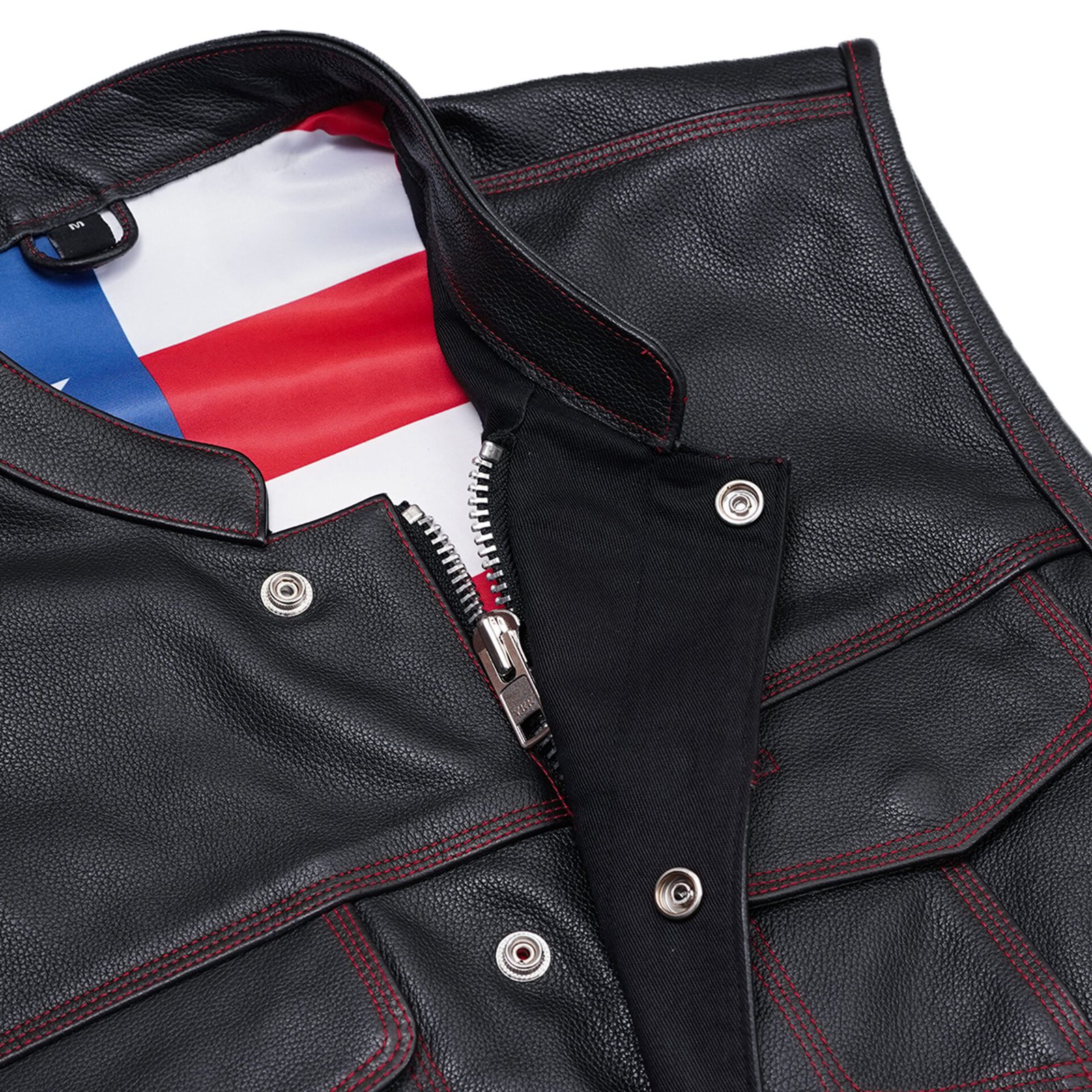 BSM1522 MEN'S LEATHER VEST WITH RED STITCHING AND USA INSIDE FLAG LININ - Image 7