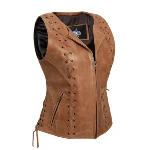 BSM2528 Women's Brown Zippered Vest with Lacing Details