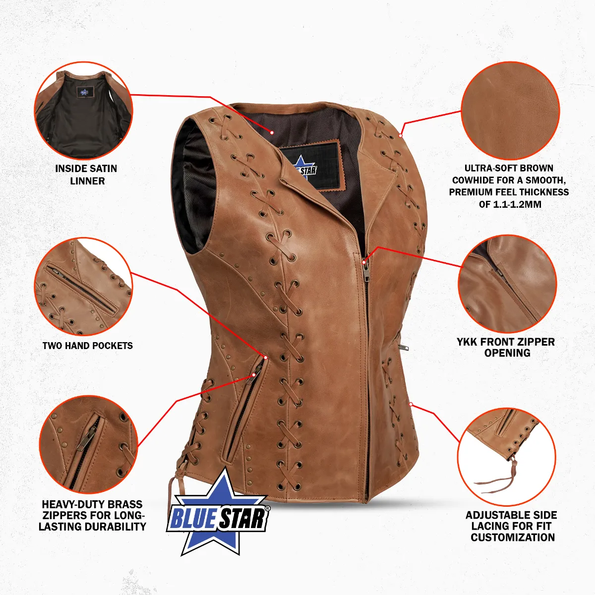 BSM2528 Women's Brown Zippered Vest with Lacing Details - Image 3