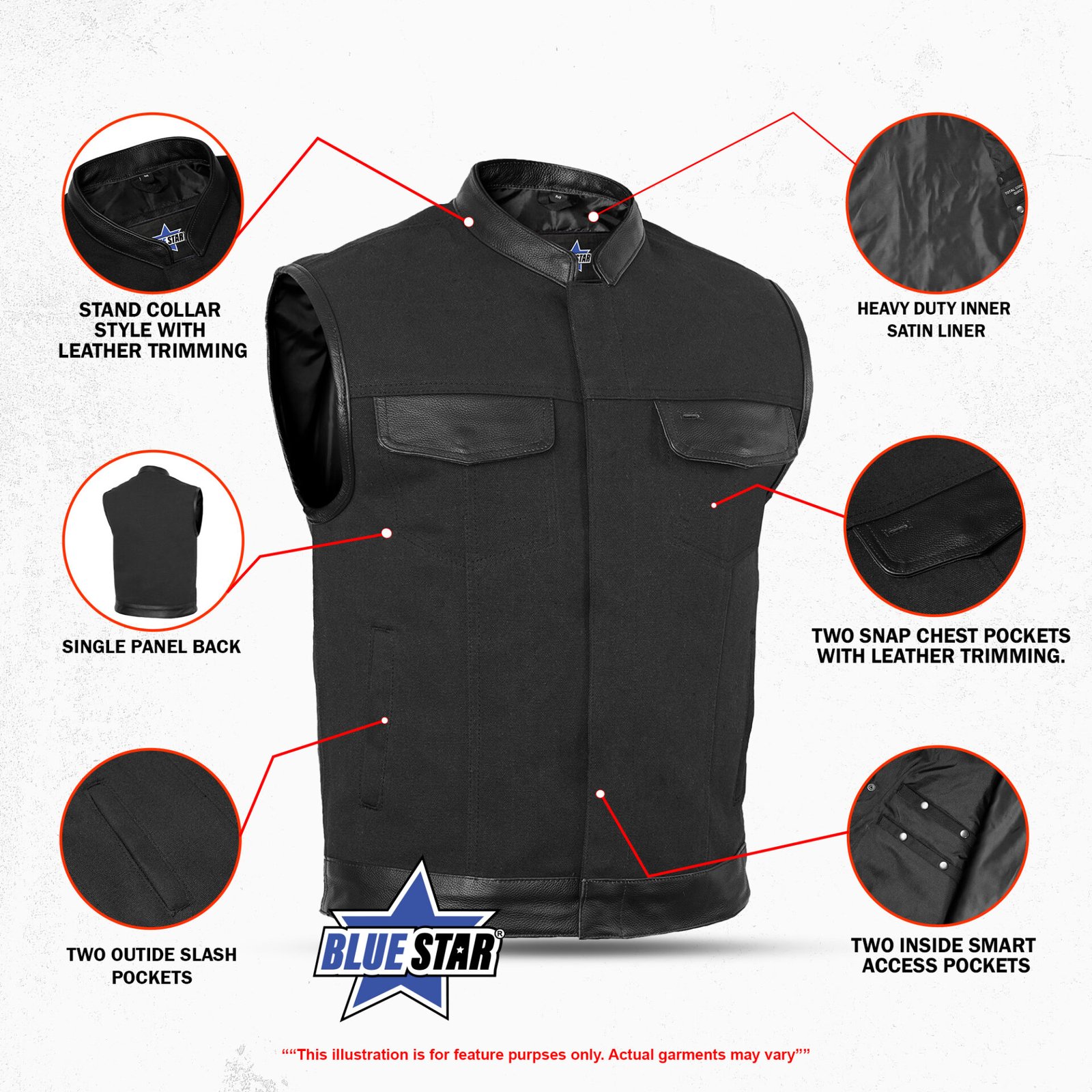 BSM1514 Canvas Material Single Back Panel Concealment Vest W/Leather Trimming - Image 2