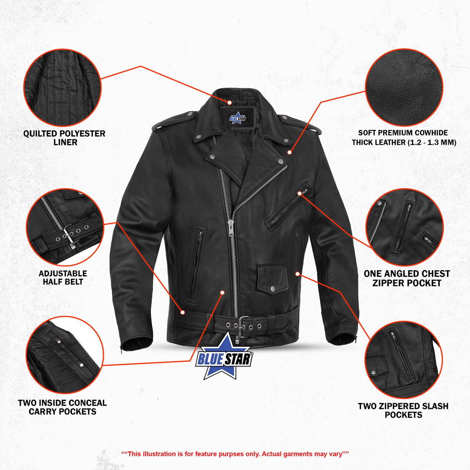 BSM1121 Motorcycle Armored Classic Biker Leather Jacket - Image 3