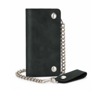 BSC238 Matte Black Biker Leather Wallet with Chain