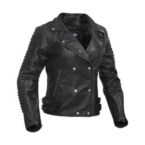 SHADOW QUEEN WOMEN’S BLACK FASHION LEATHER JACKET WITH RIBBED ACCENTS