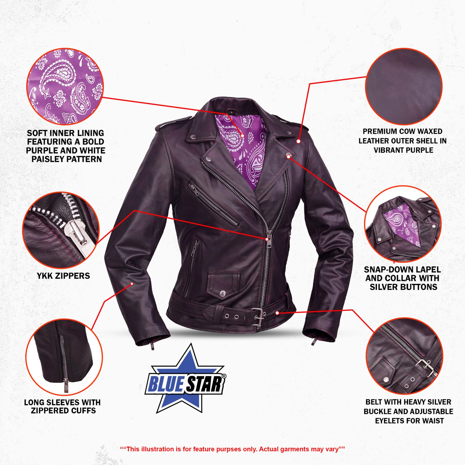 BSM4667 Violet Vixen Women’s Leather Motorcycle Jacket - Image 3